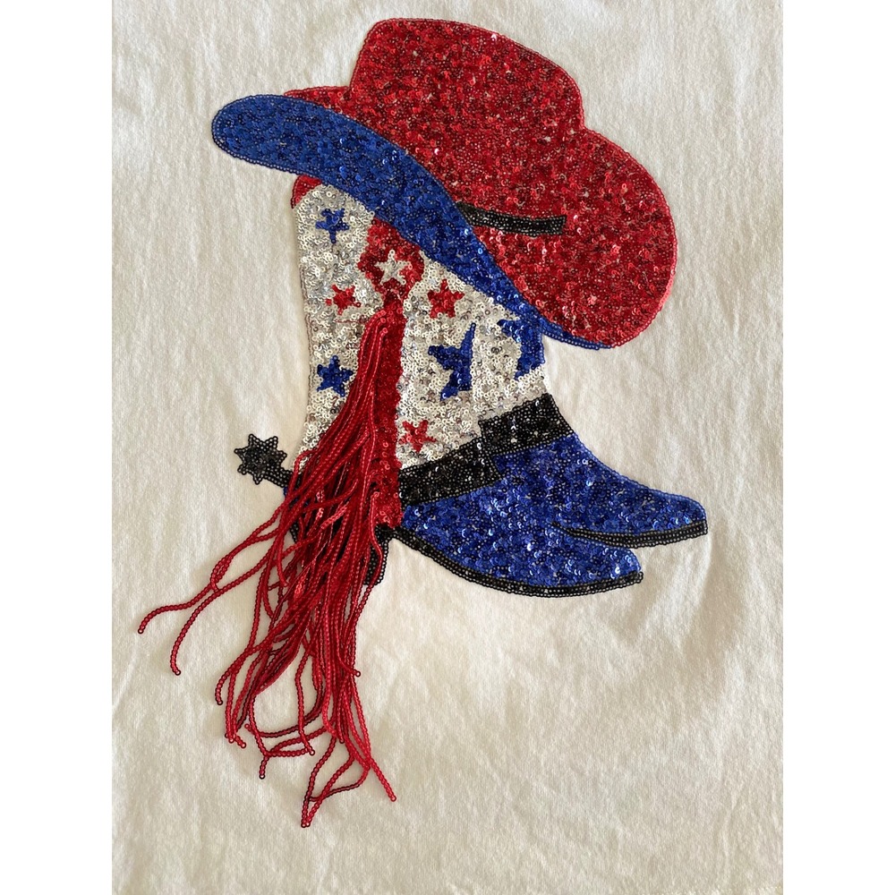 Fantastic Fawn Cowboy Boot Sequin T-Shirt Patriotic USA Oversized Tee M EUC - Picture 6 of 12